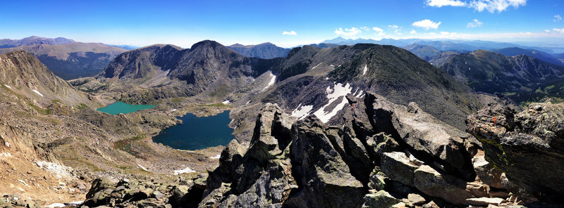 On top of Mt Ida looking East. Below are Azure and Inkwell lakes and Longs Peak in the distance.