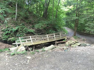 Bridge that has been washed out due to storm.
