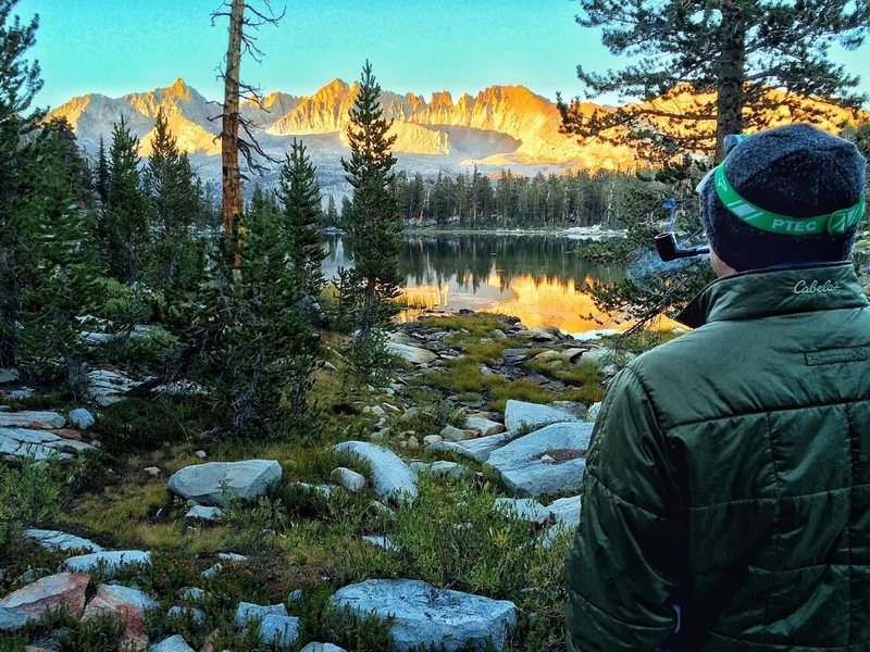 Upper Little Five Lakes watching the sunset reflect off of  the Kaweahs.