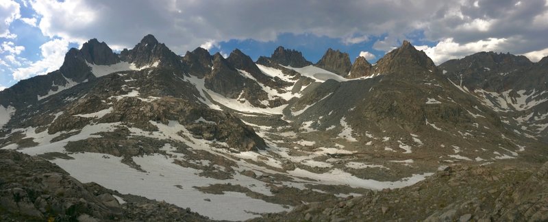 View of the Titcomb Basin peaks from the head of the basin, past where the trail ends.