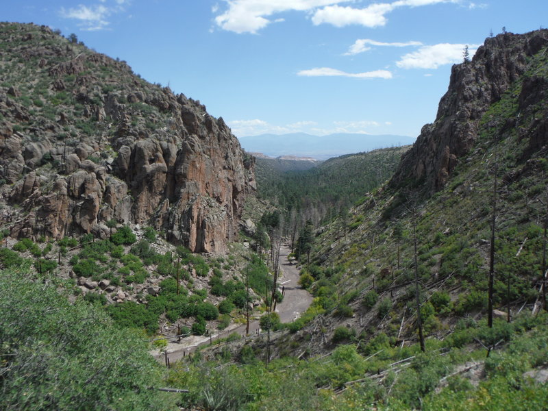 View of the Truchas Peaks in the Sangre de Cristo Mountains looks east down Guaje Canyon.