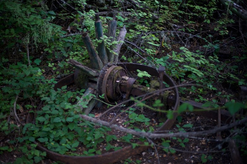Old farm equipment sits rusting off to the side of the trail.