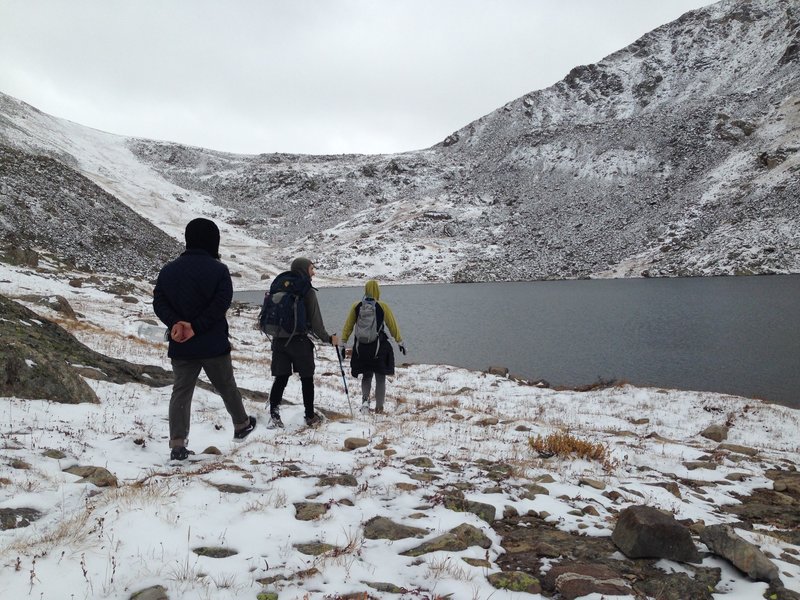 Dropping into Lost Man Lake before the faint switchbacks in the back left.