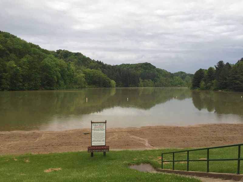 Strouds Run State Park beach on a rainy May morning of race day for Thunderbunny 50k.