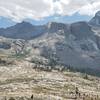 View of Kaweah Queen and Black Kaweah over Big arroyo and Nine Lakes Basin