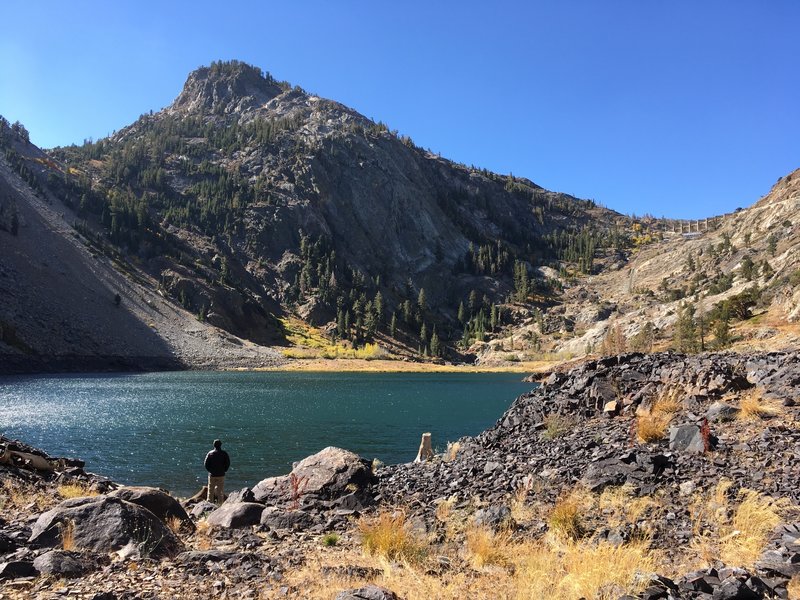 This is Agnew Lake, 8,500 feet. On the right you can see a dam that is the edge of Gem Lake.