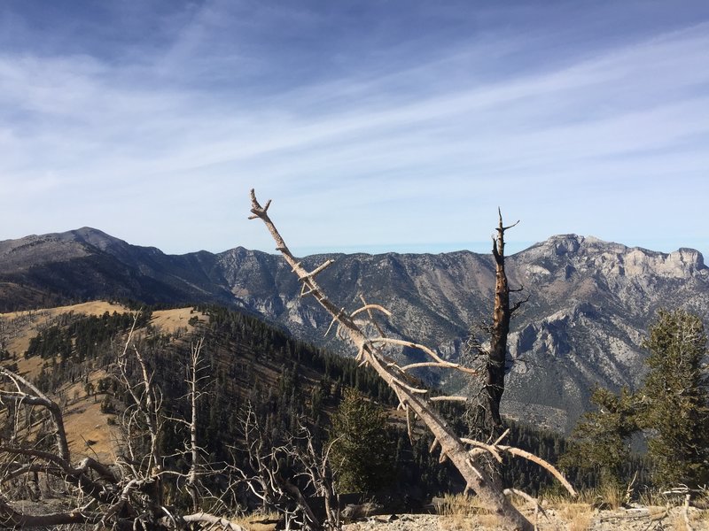 Charleston Peak on the left and Mummy Mountain on the right.