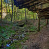 The water-eroded underside of one of the sandstone bluffs juts out over the riverbed trail.