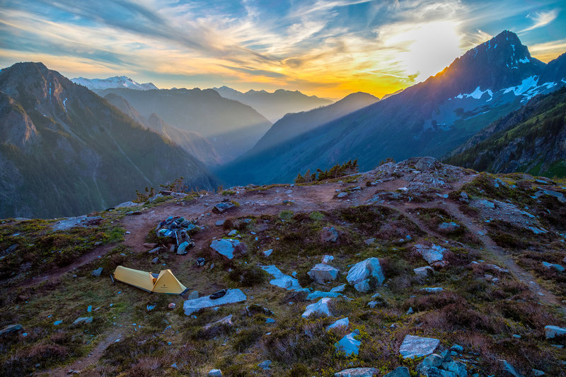 Kool Aid Lake Bivouac site on the Ptarmigan Traverse.  Johannesburg in the right side background.