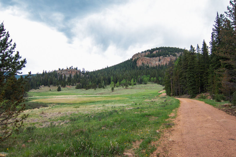 A look up the valley on the dirt road or Bugling Elk Trail.