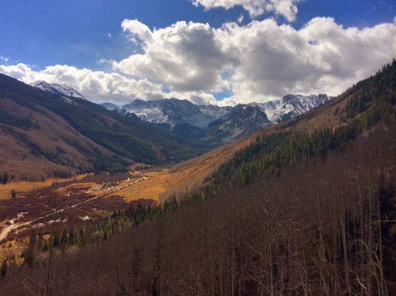 A view up Castle Creek with many aspens blanketing the mountainsides, albeit with no leaves left.