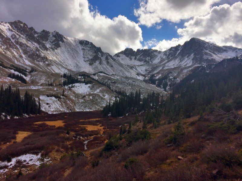 A snowy view of the Cathedral Lakes basin in late fall.