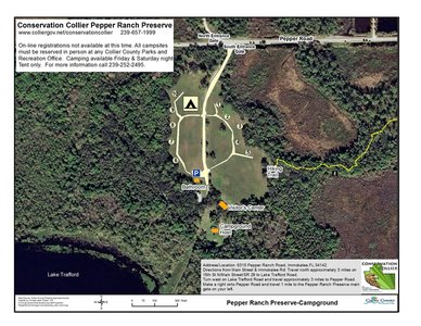 The Campground Road circles the 10-space primitive campsite where each site has a table, fire pit, tent site and food pole.