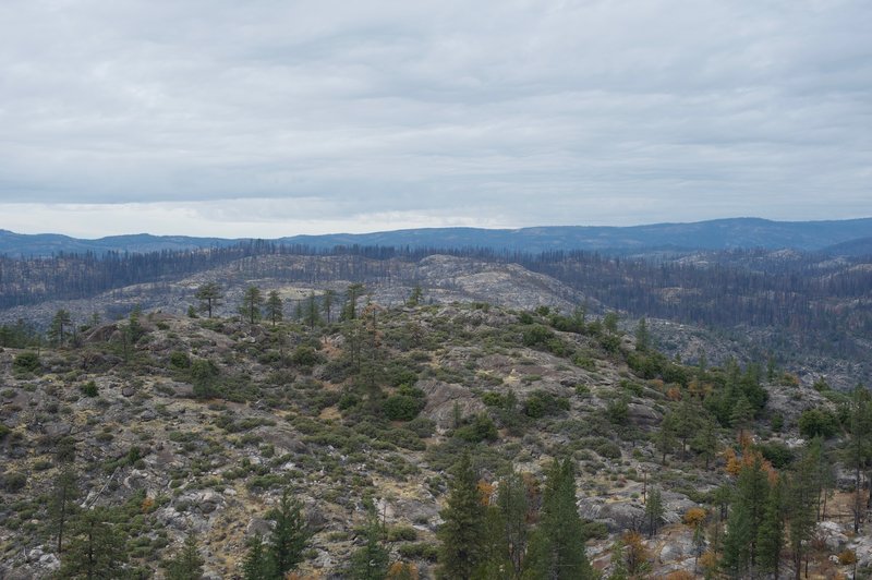 Looking at the surrounding landscape, the damage of the Rim Fire of 2013 is still evident as thousands of scorched trees stand on the hills.