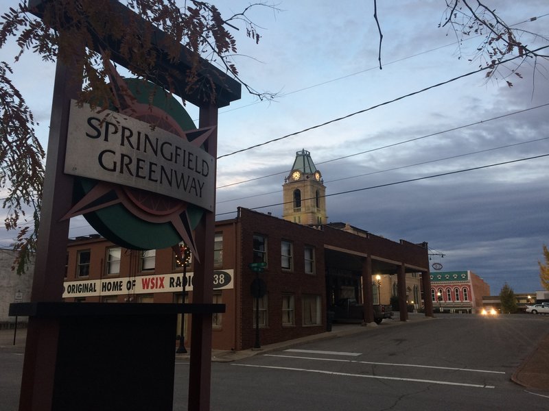 The Greenway actually starts just behind the Robertson Co  courthouse square whose tower can be seen in this picture.