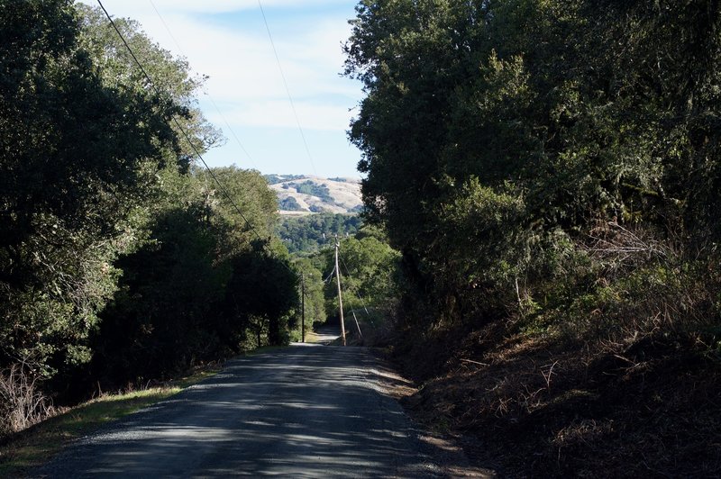 The trail descends along a gravel road.