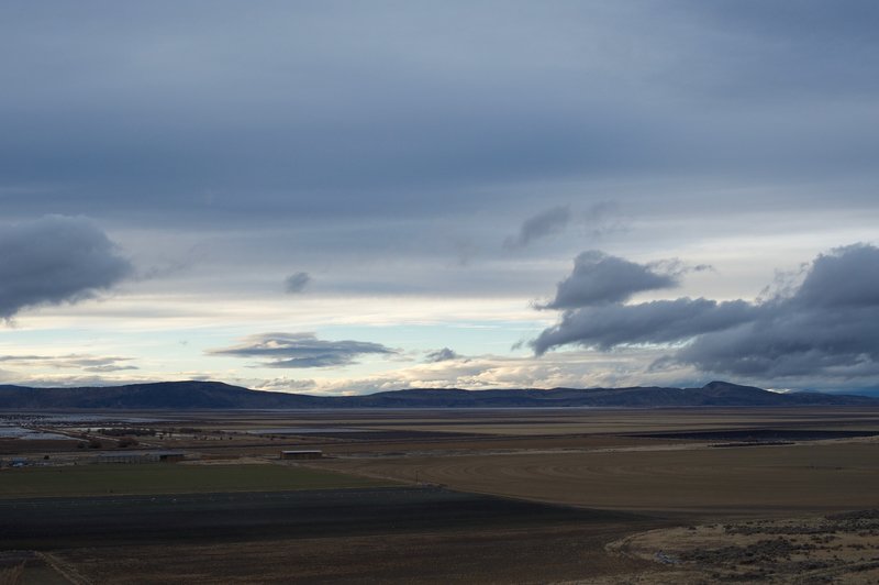 You can get views of the Tulelake National Wildlife Preserve and private lands that are being farmed. You can see the irrigation pattern in the field to the right.