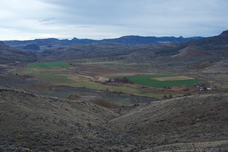 Views of a farm outside the monument boundary can be enjoyed from the trail.  Cattle, hay, and irrigation fields can be seen from here.