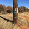 The left hand turn onto the blue trail from the north power line road. You'll rejoin the green trail at the end of the blue trail.