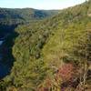 Devil's Jump Overlook on the Blue Heron Loop Trail looks west towards Devil's Jump Rapids on the Big South Fork Cumberland River.