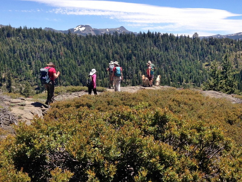 Hikers stop at an overlook along the Sterling Canyon Trail to take in the view of the Sierra Crest at Donner Summit.