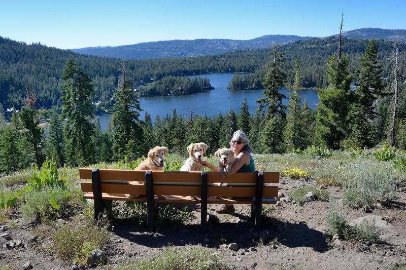 Furry hikers take in the view of Serene Lakes from an outlook along the Bogus Basin Trail.