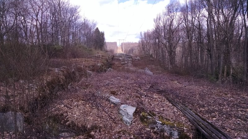 An overhead view of the narrow, rocky passes that run alongside the Raven Rock Trail on the Raven Rock - Alternate Trail. There are trees and bushes growing in these narrow passes.