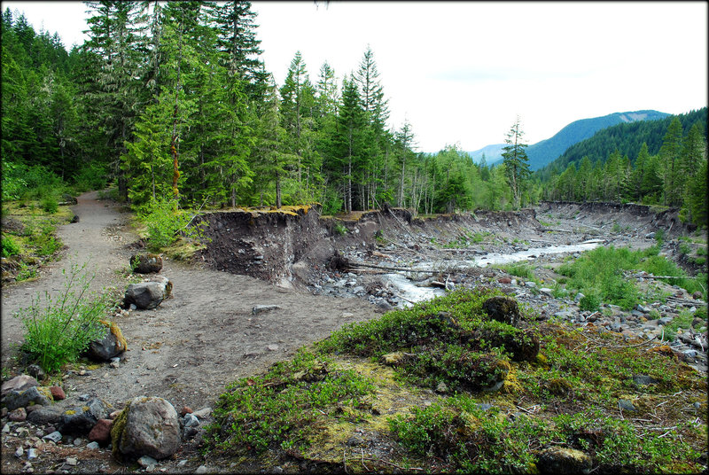 A seasonal bridge is no longer present on the volatile Sandy River, so hikers must cross on logs or wade across. Water levels are higher in afternoon. Photo by Ethan Douglass.