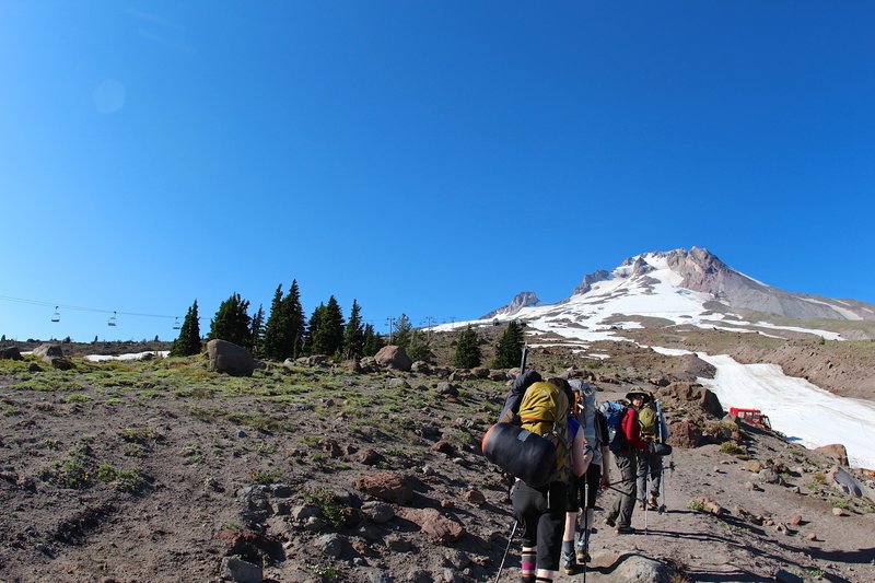 A group of hikers heads to Mt. Hood on the Mountaineer Loop Trail.