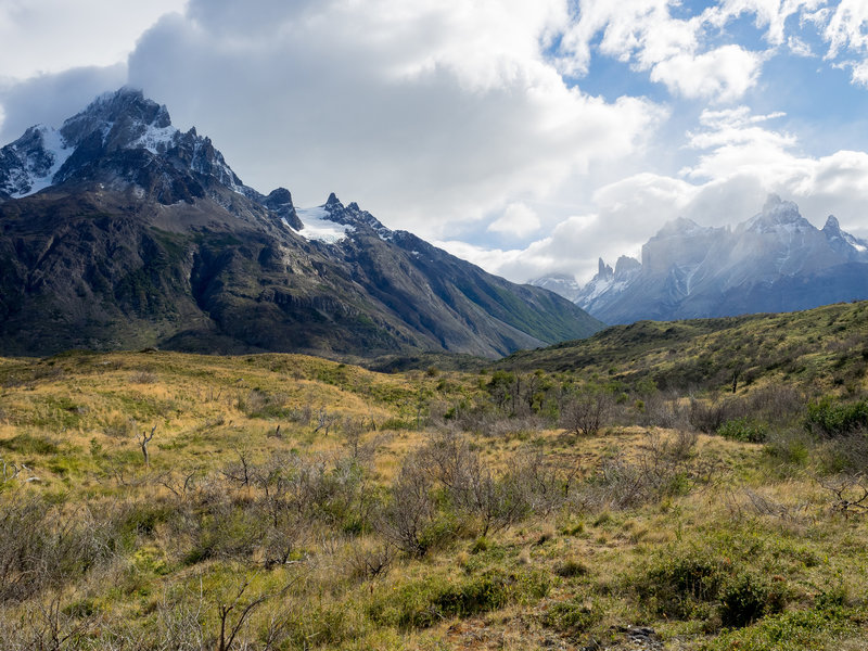 Every time you look over your shoulder on the Paine Grande Trail and see this view, I guarantee you'll be dumbstruck. Paine Grande is seen left, Valles Frances center, the Torres right-center, and the Cuernos far right.