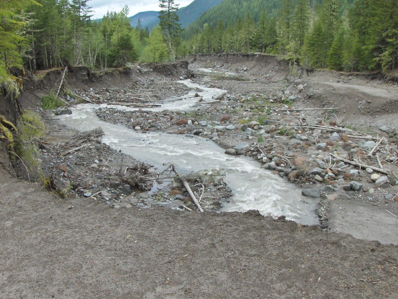 Stay back from the edge of the riverside cliffs along the Sandy River Trail, as they are unstable, sandy overhangs. The river moves considerably from year to year. Photo by USFS.