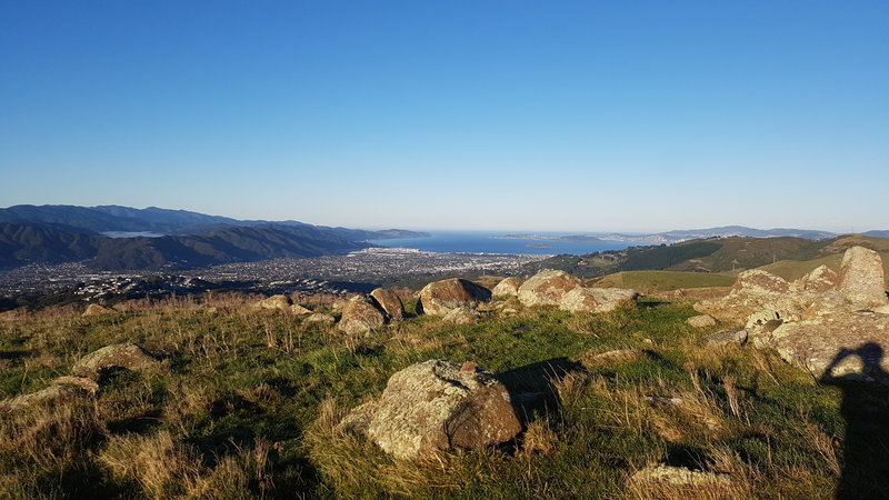 Looking south from Boulder Hill, the view encompasses the mountains and inlets surrounding Lower Hutt and Petone.