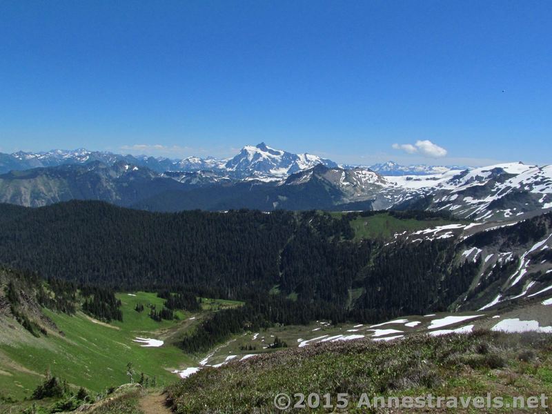 Mt. Shuksan towers in the distance from the Skyline Divide.