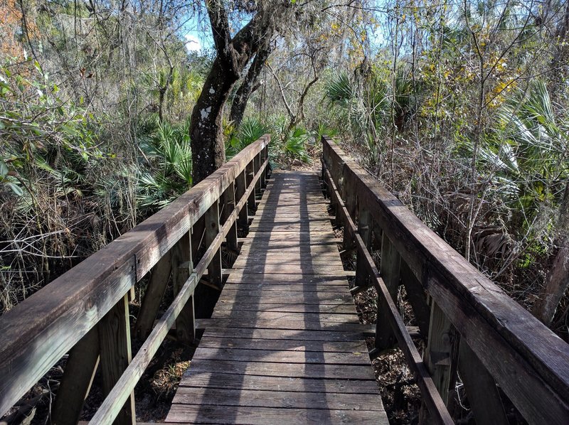 Multiple sturdy bridges help visitors travel over a tributary along the trail.