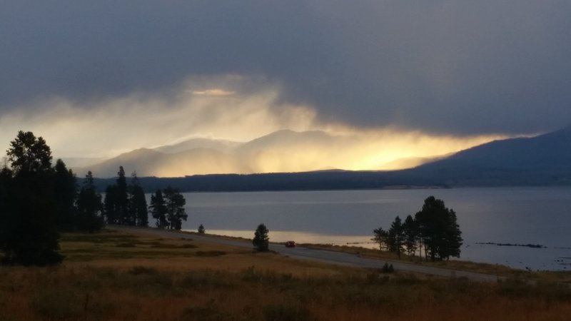 Yellowstone Lake looks brilliant in evening's fading light.