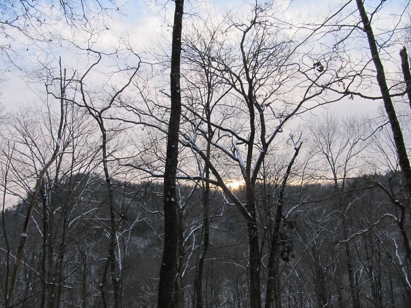 The sun rises over the forested hills surrounding the Sheltowee Trace.