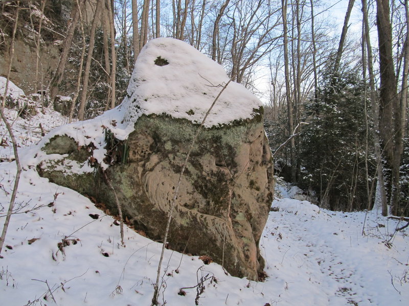 A large boulder rests beside the trail.