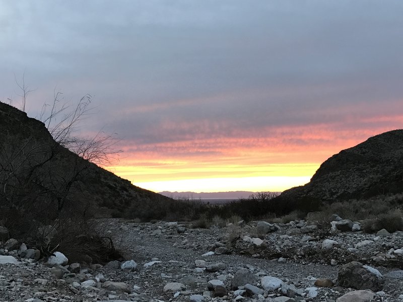 Sunset over the basin and the distant San Andreas Mountains from the arroyo.