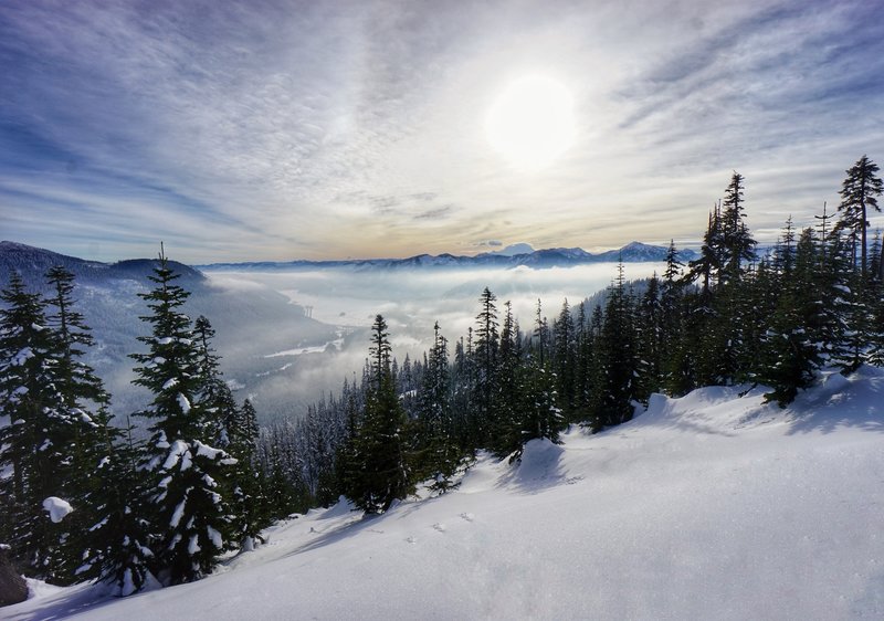 You'll get a gorgeous, southward-looking view of Mt. Rainier and the surrounding Cascades from the top of Kendall Peak Lakes Snowshoe.