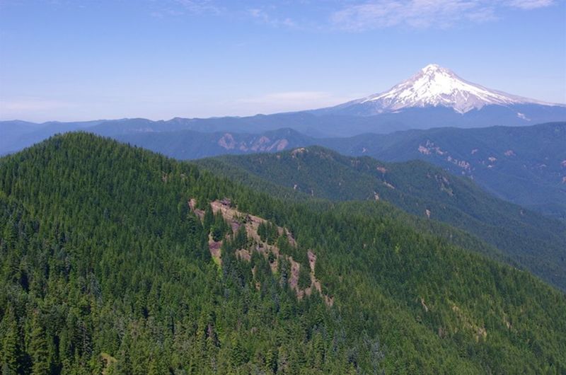 Mt. Hood and Salmon Mountain command the view from Sheepshead Rock on the Plaza Trail. Photo by John Sparks.