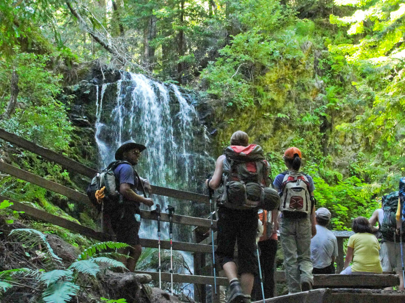 Hikers enjoy the view of Berry Creek Falls.