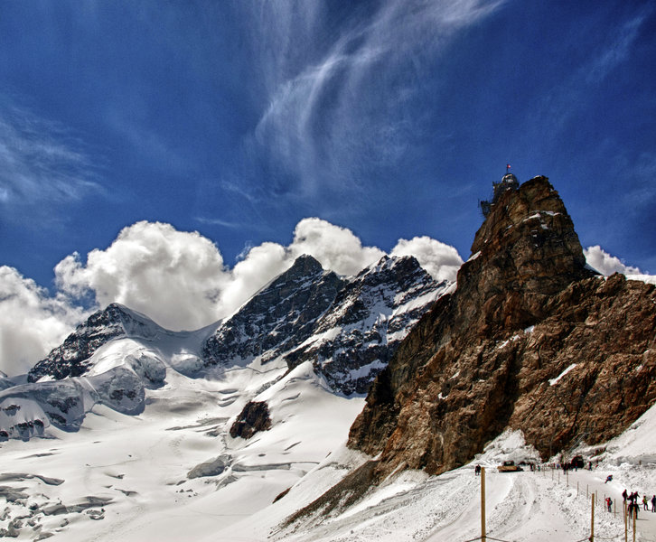 Jungfraujoch stands atop a craggy peak in Switzerland.