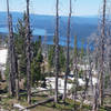 Payette Lake glimmers brightly in the distance from this view along the Crestline Trail.