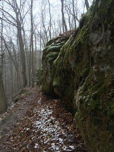 A rock outcrop stands alongside the Zaleski Backpacking Trail.