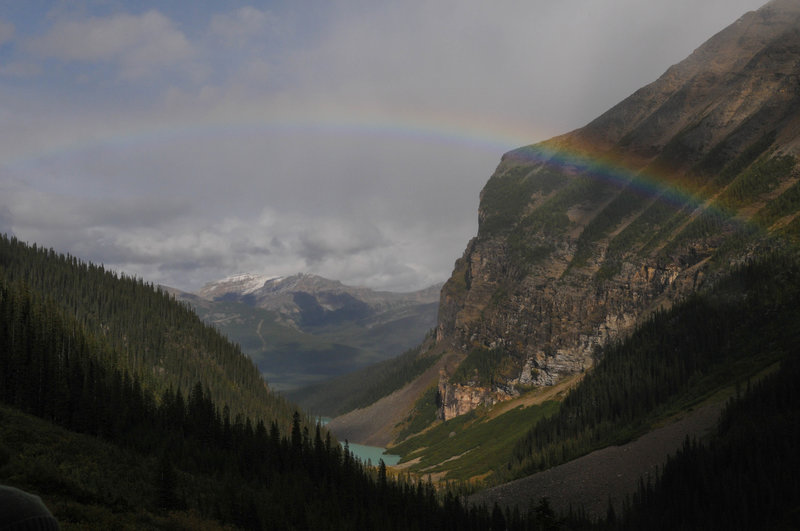 The advantage to sporadic rain: a rainbow over Lake Louise.