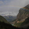 The advantage to sporadic rain: a rainbow over Lake Louise.