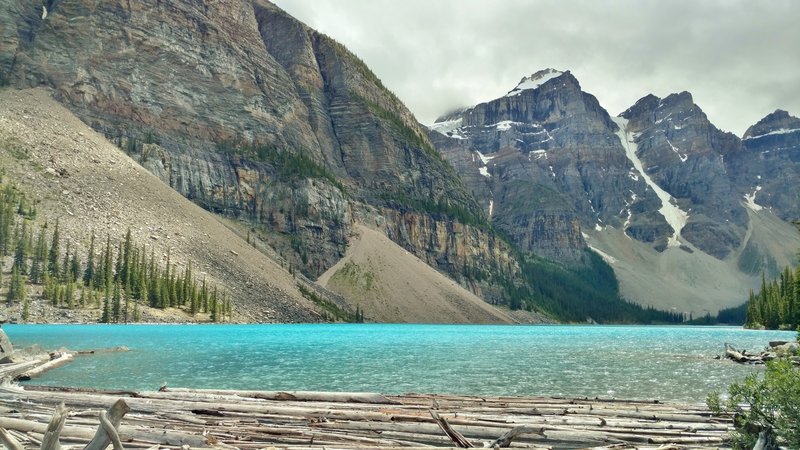 This is Moraine Lake up close. The mountains left-to-right are the base of the Tower of Babel, Mt. Babel, Mt. Fay, and Tonsa Peak.