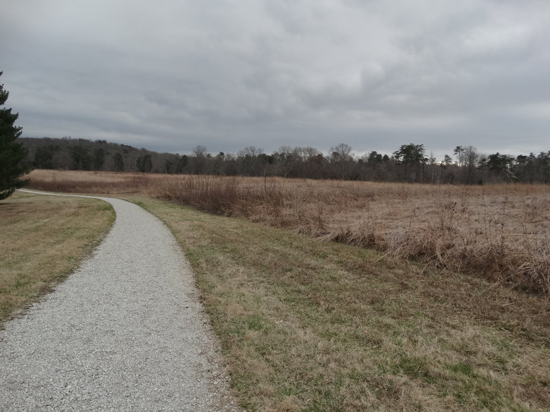 The trail is gravel on the prairie side of the Two Ponds Loop.