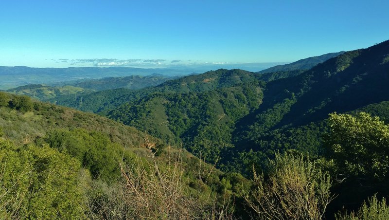 Enjoy phenomenal views looking east from high on the Woods Trail. Quicksilver Hills stand on the left in the distance; East Bay Hills in the far distance (left); and the east shoulder of Mt. Umunhum stands on the right.