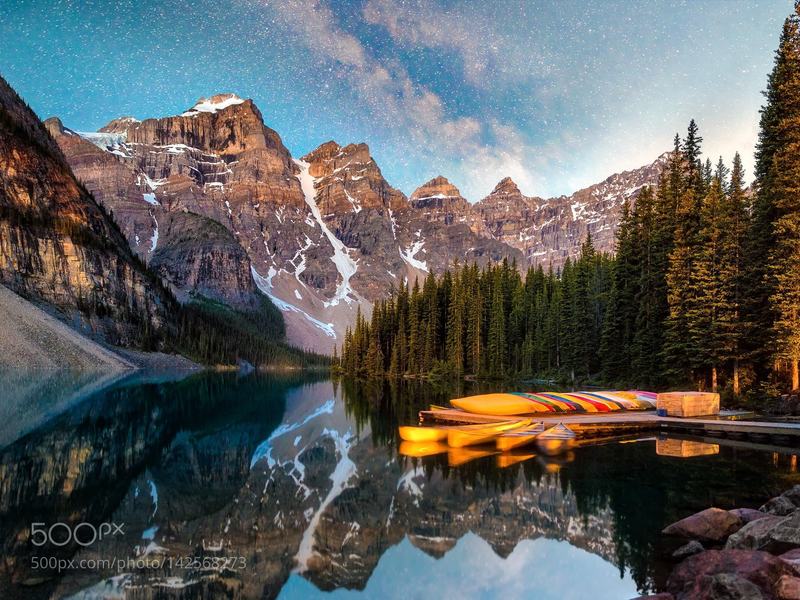 Valley of the Ten Peaks: Time stands still during this beautiful early morning at Moraine Lake in the Rocky Mountains of Alberta.